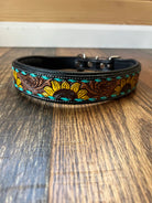 Handcrafted Padded Leather Tooled Sunny Dog Collar Sunflower with Teal Stitching Dog
