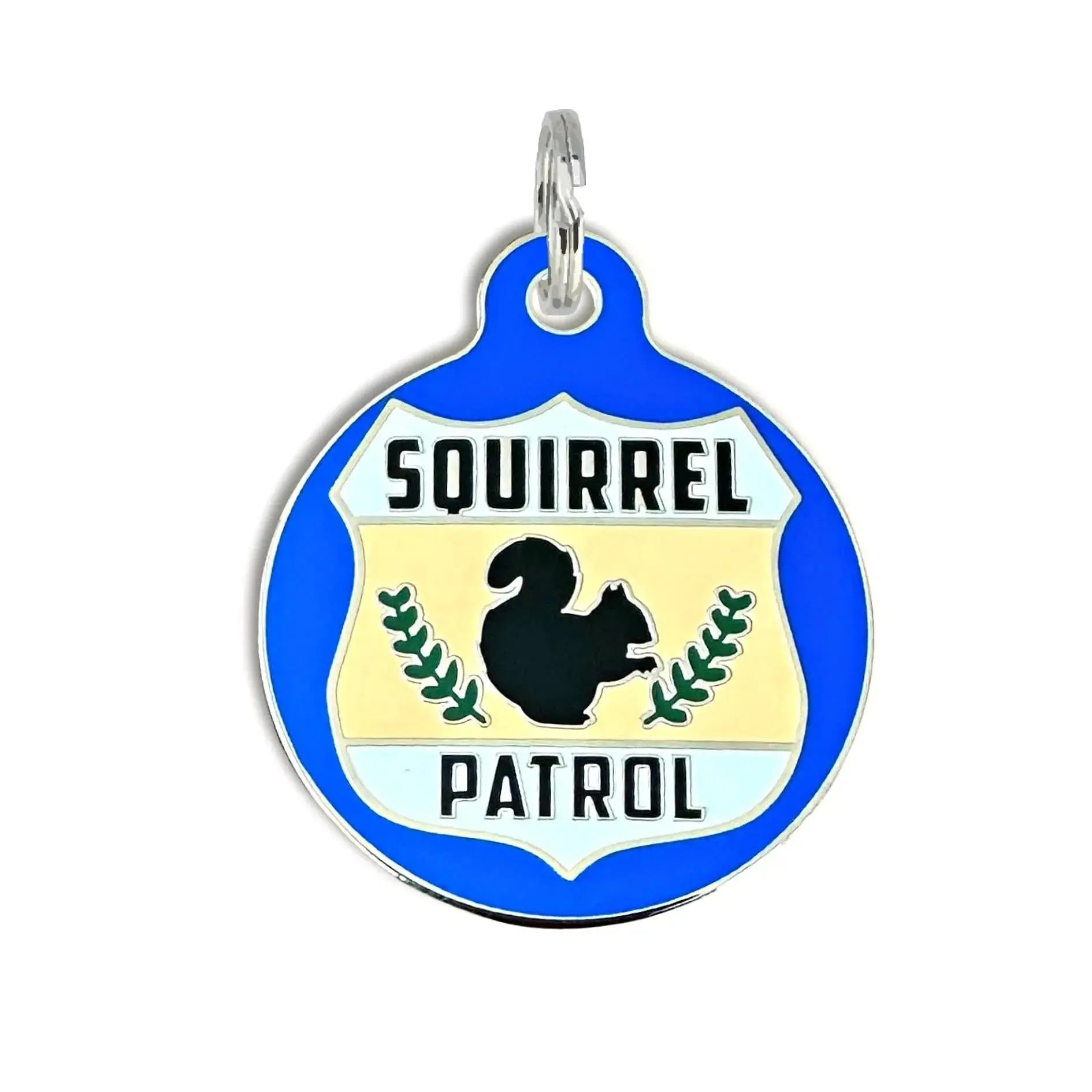 Dog ID Tag with Personalized QR Code - Squirrel Patrol Large 1.25" Blue Engraved QR Code