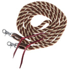 Rustic Mocha Mohair Contest Reins 8 Ft with brown cream striped rope leather handles metal clasps