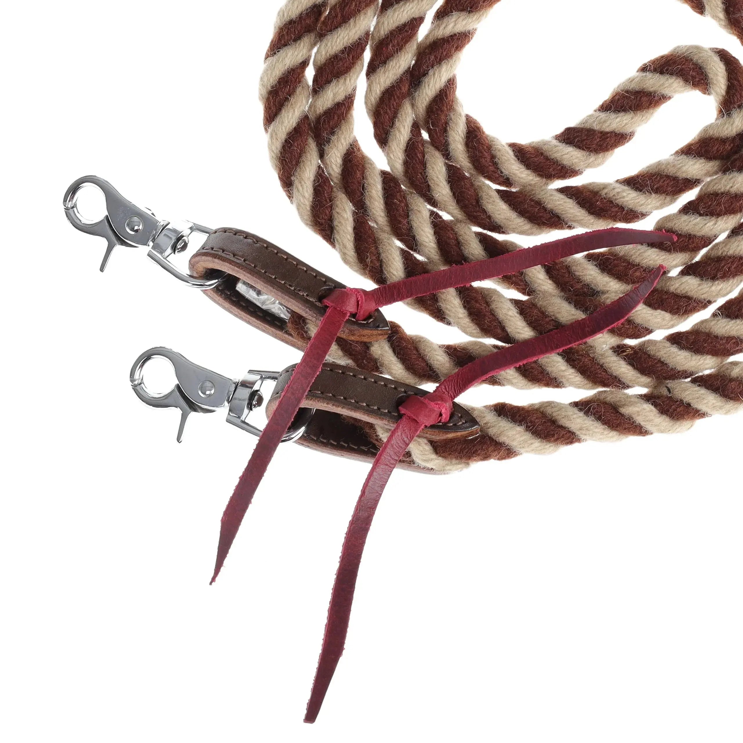 Rustic mocha mohair contest reins with brown cream twisted rope 8 ft