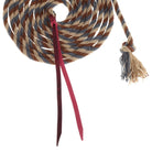 Dust & Denim Mohair Mecate Reins - 22 Ft coiled with braided beige-brown-gray strands, red strap, frayed tassel