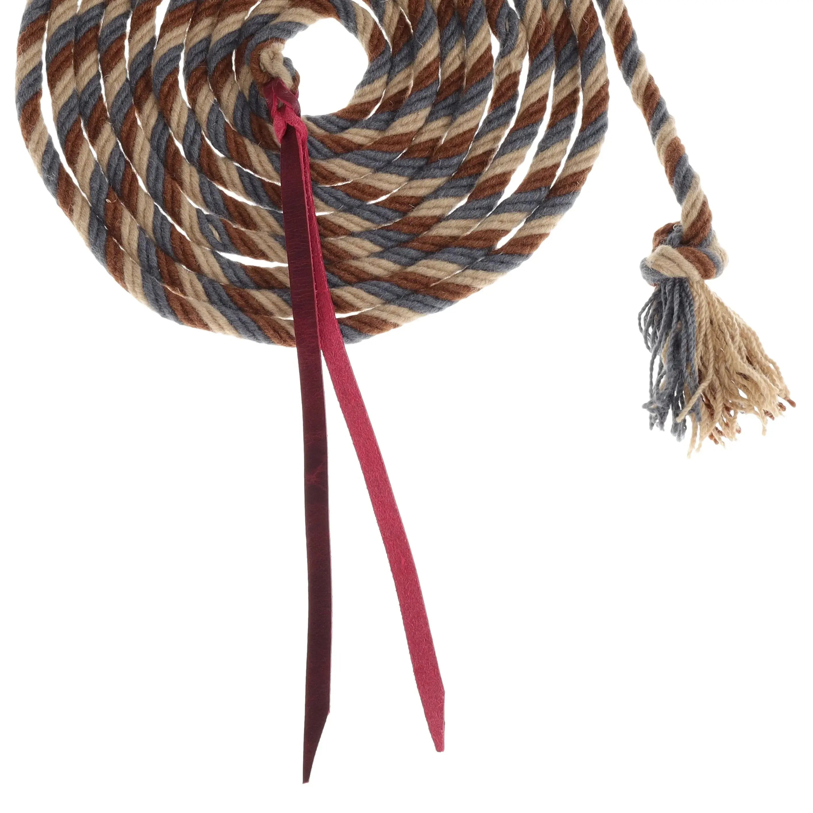Dust & Denim Mohair Mecate Reins - 22 Ft coiled with braided beige-brown-gray strands, red strap, frayed tassel
