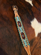 Tan leather dog collar back with turquoise black beaded geometric inlay