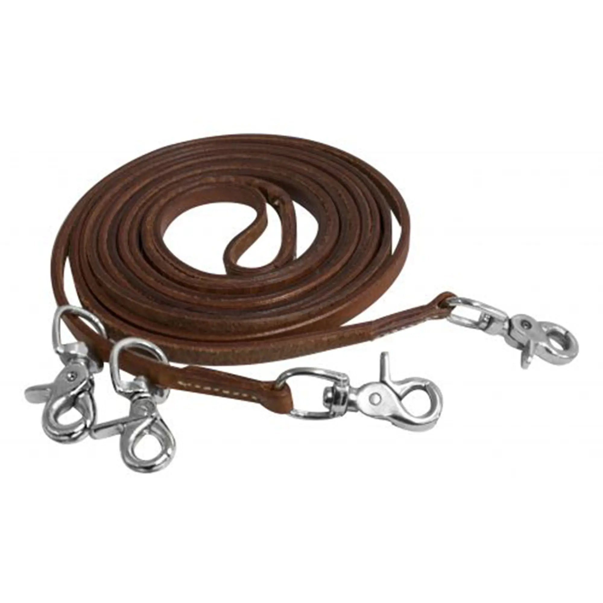 Harness leather draw reins with 4 scissor snaps. 3/8" x 11ft
