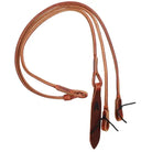 Tan leather horse halter with romal reins, popper, made in USA