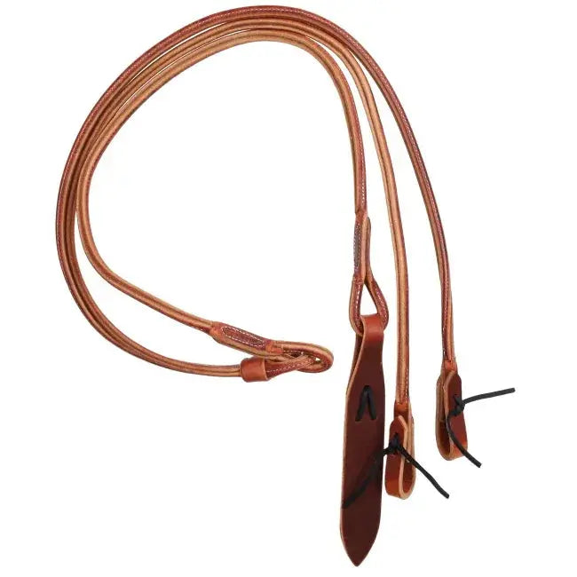 Tan leather horse halter with romal reins, popper, made in USA