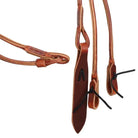 Brown leather horse halter with stitched details and black cord accents, USA-made