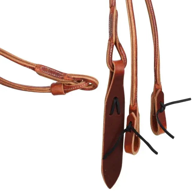 Brown leather horse halter with stitched details and black cord accents, USA-made