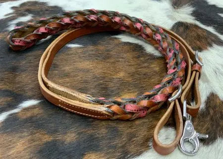 Pink Miracle Braid leather contest/roping rein with buckles Horse