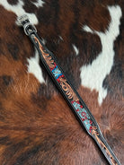 Handcrafted Padded Leather Tooled Dog Collar Blue/Red flowers Large Dog