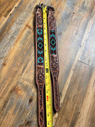 Turquoise and red Aztec tooled leather dog collar
