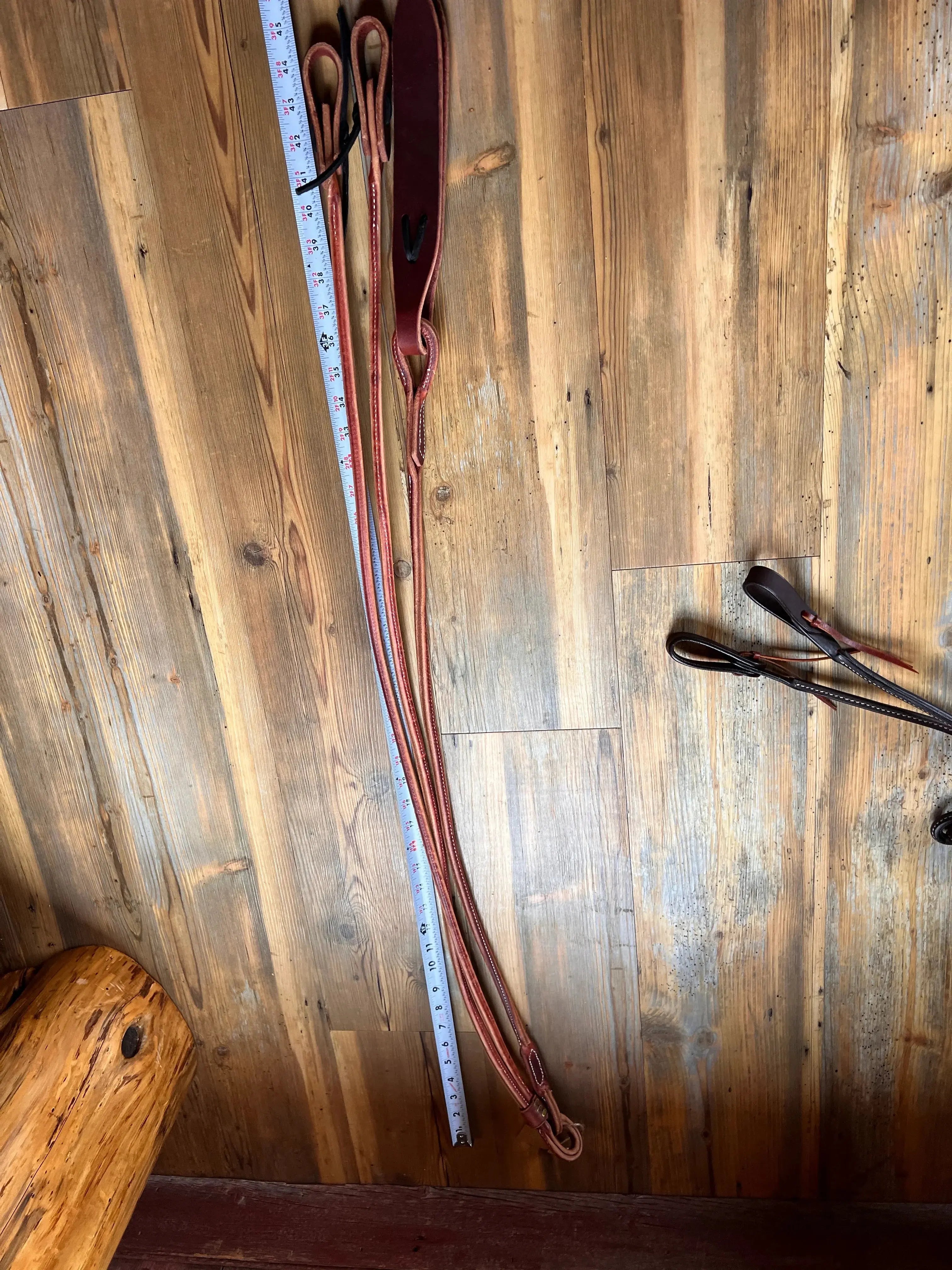 Brown leather Harness Romal reins with popper, stitched pattern, reinforced ends, made in USA