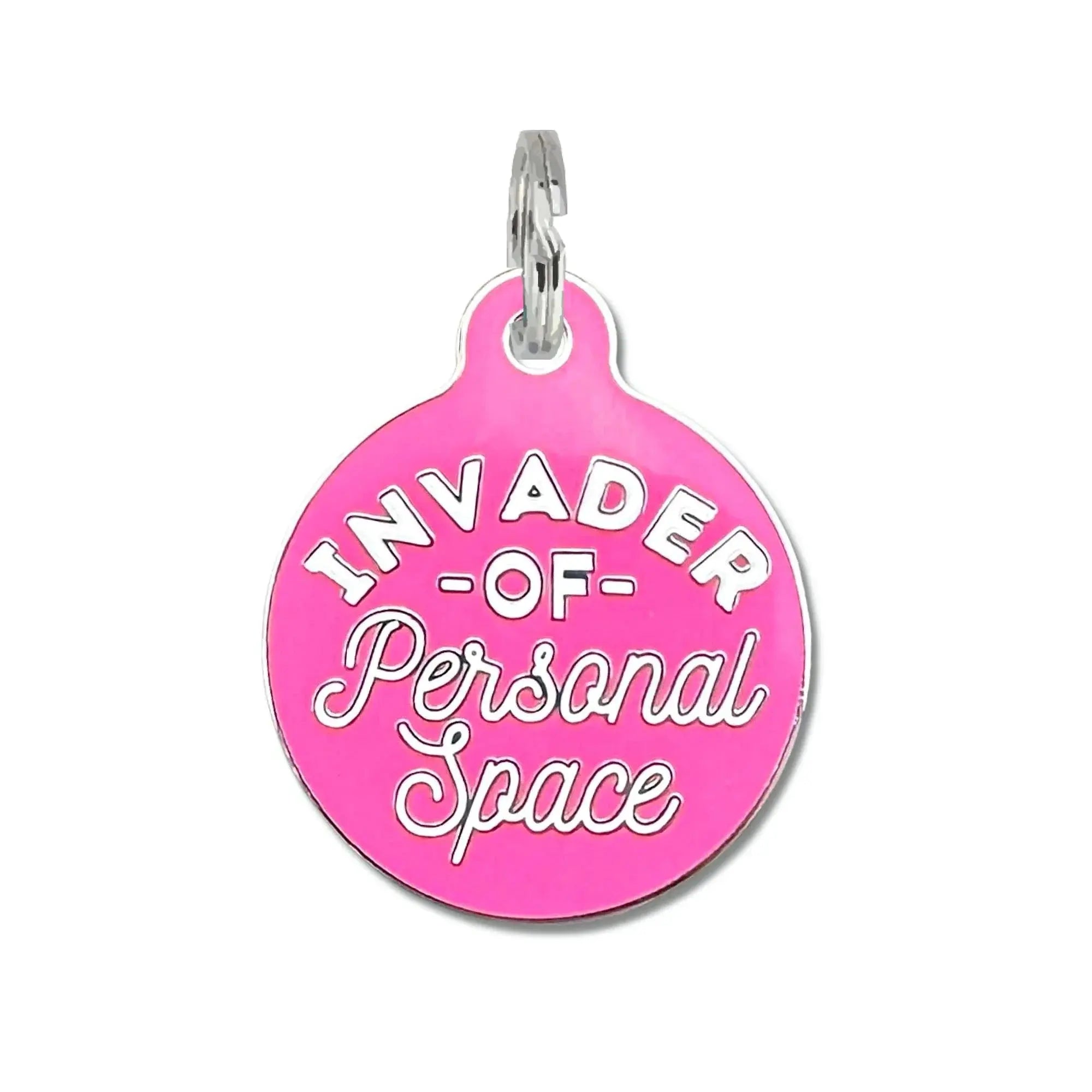 Invader Personal Space - Dog ID Tag or Collar Charm Pink Large 1.25" Engraved QR Code Dog