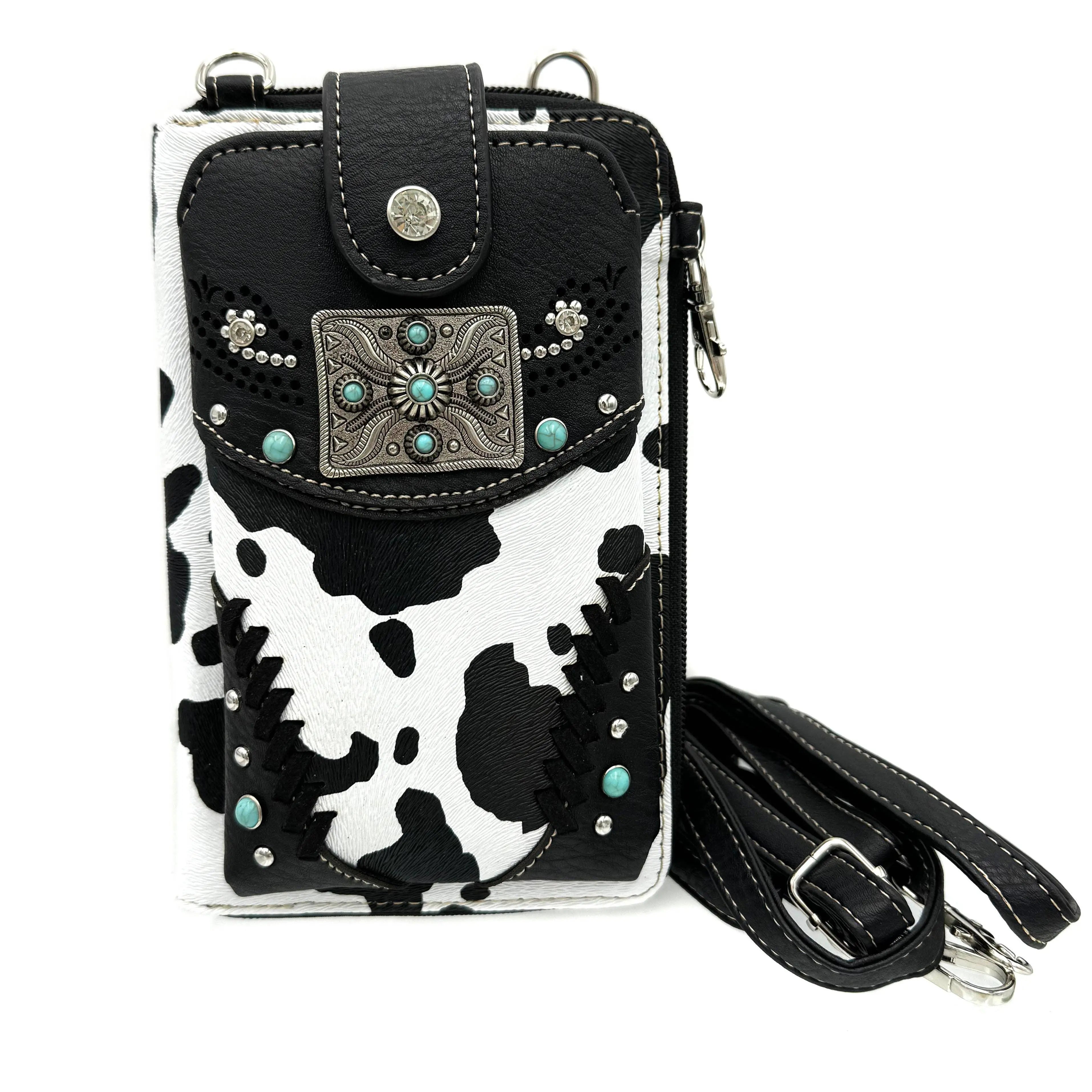 Rectangle Concho Cow Print Western Phone Wallet Black