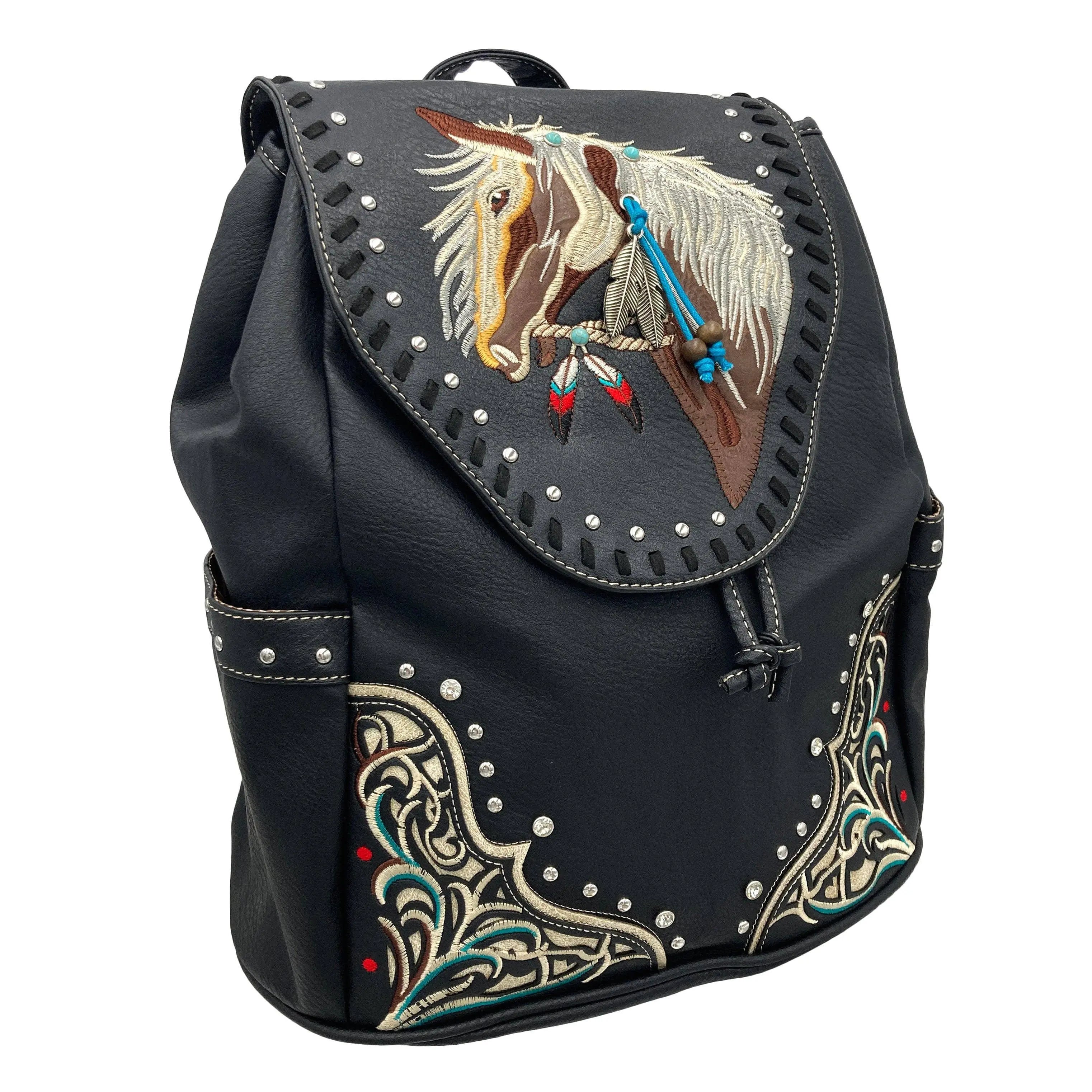 Women's Embroidered Horse Western Leather Backpack Black handbag