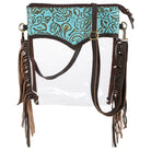 Teal Rose Clear Crossbody Bag with turquoise leather, floral embossing, clear vinyl and fringed straps