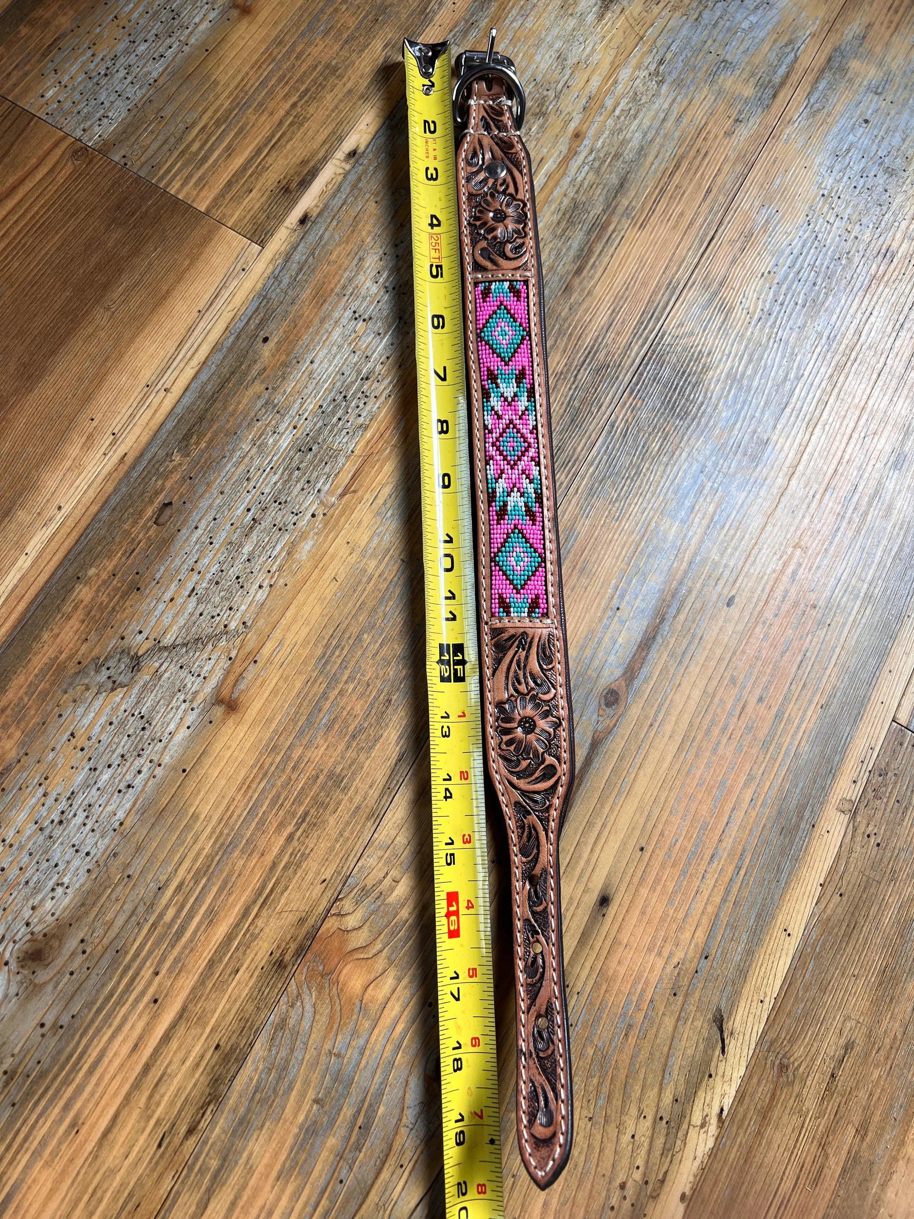 Pink Aztec tooled leather dog collar
