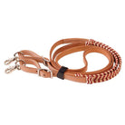 Tan leather horse halter with red white striped braid and laced rawhide