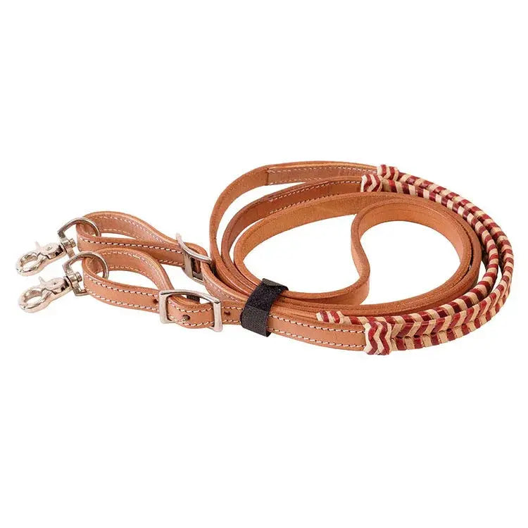 Tan leather horse halter with red white striped braid and laced rawhide