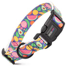 Vibrant purple Dogline Biothane dog collar with fruit print and quick release buckle