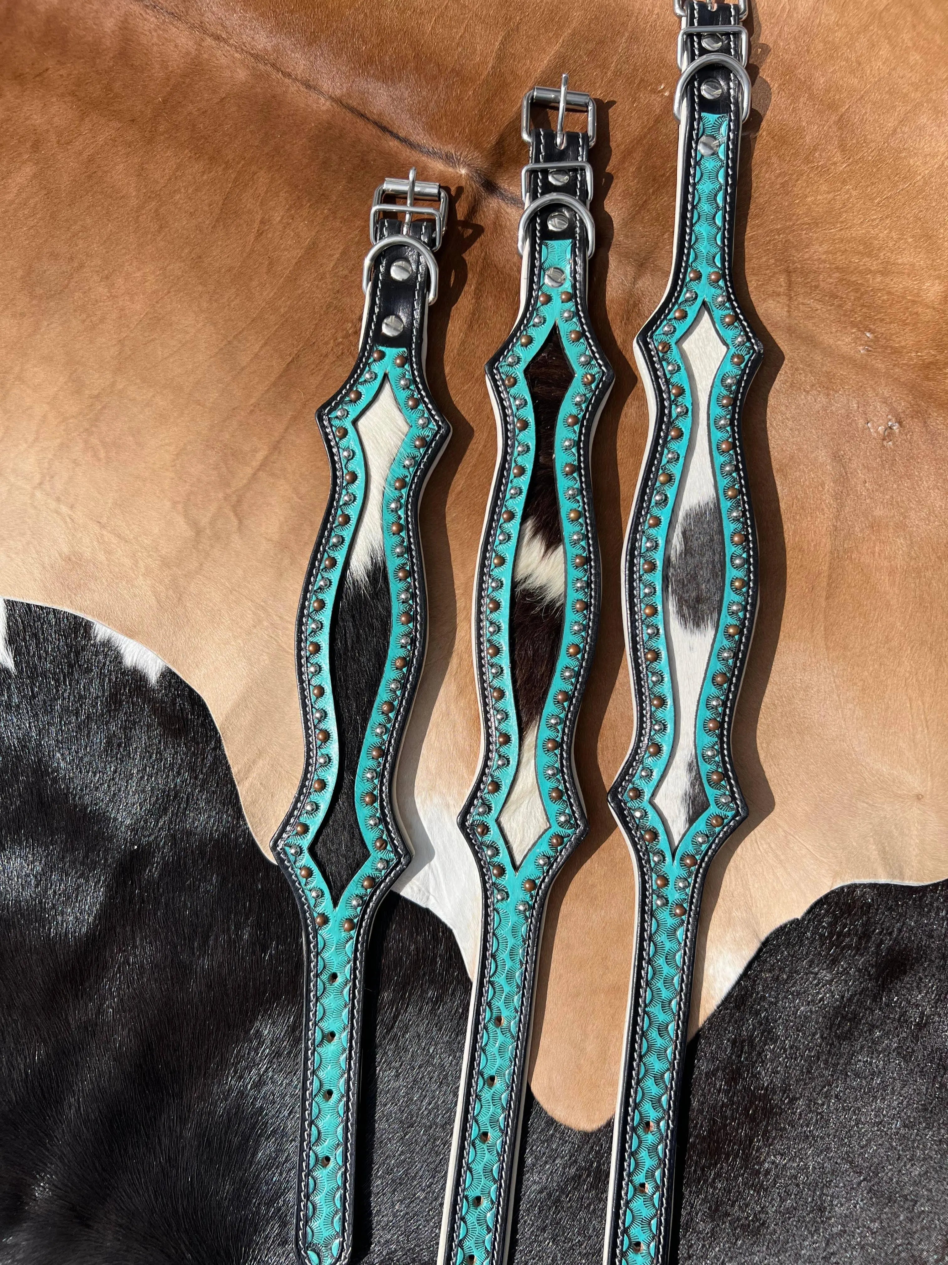 Western Hair On Cowhide Scalloped Turquoise Dog Collar Dog