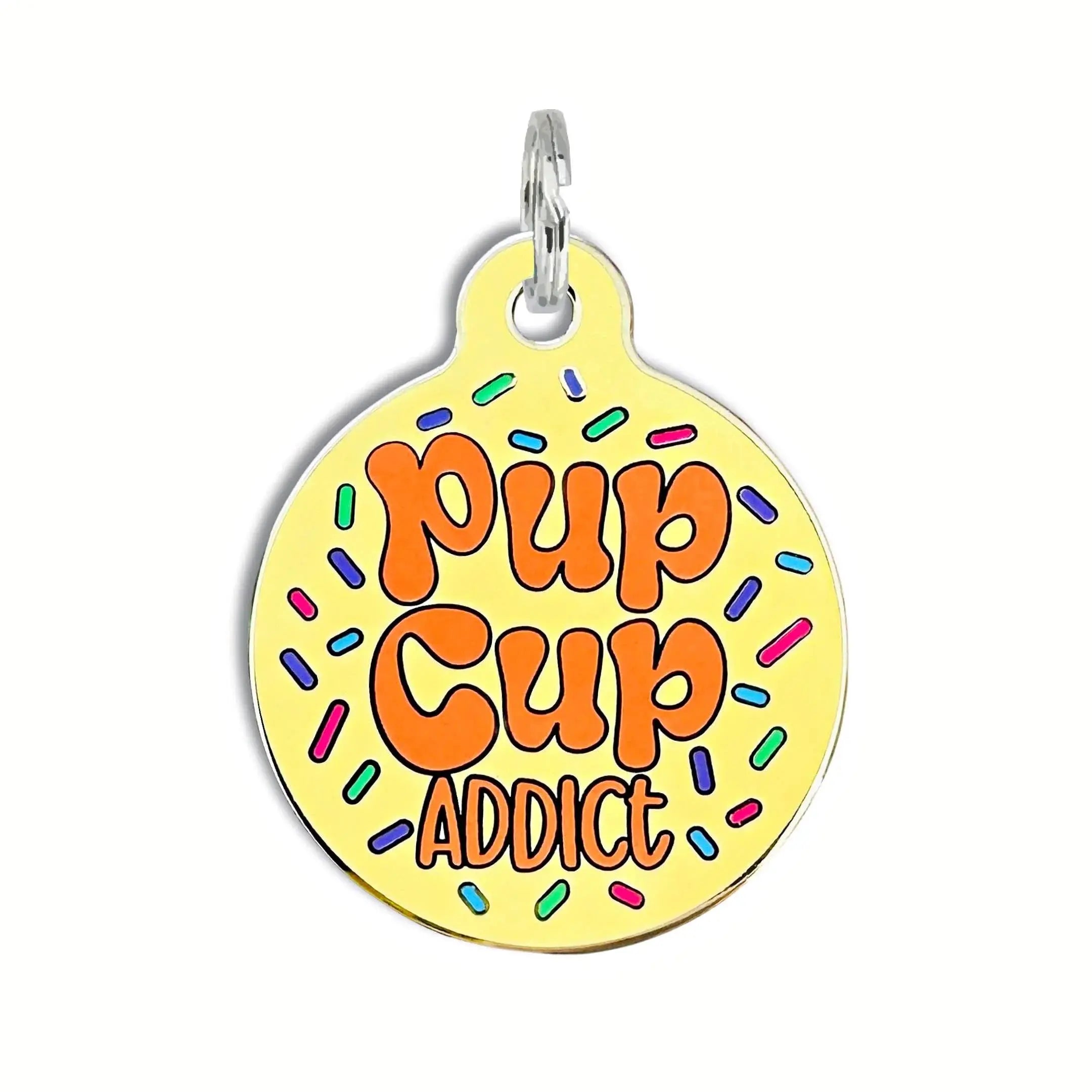 Dog ID Tag with Personalized QR Code - Pup Cup addict Large 1.25" Engraved QR Code Dog