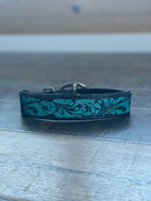 TEAL DAISY HAND-TOOLED PADDED LEATHER DOG COLLAR Dog