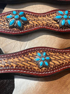 Western Basket Stamped Leather Turquoise Concho Dog Collar Dog