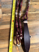 Maroon and cream braided leather horse halter with zigzag stitching