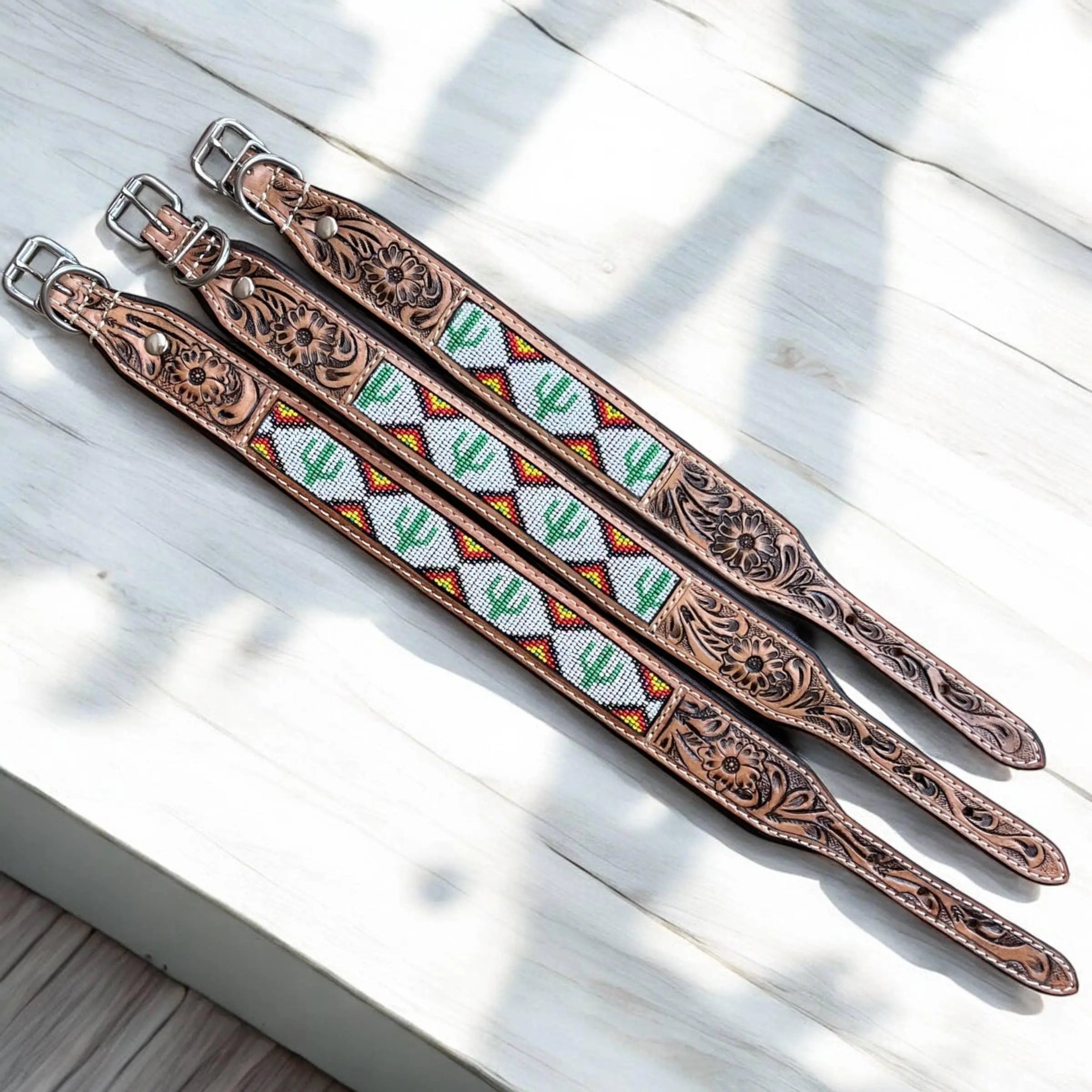 Cactus tooled leather dog collar