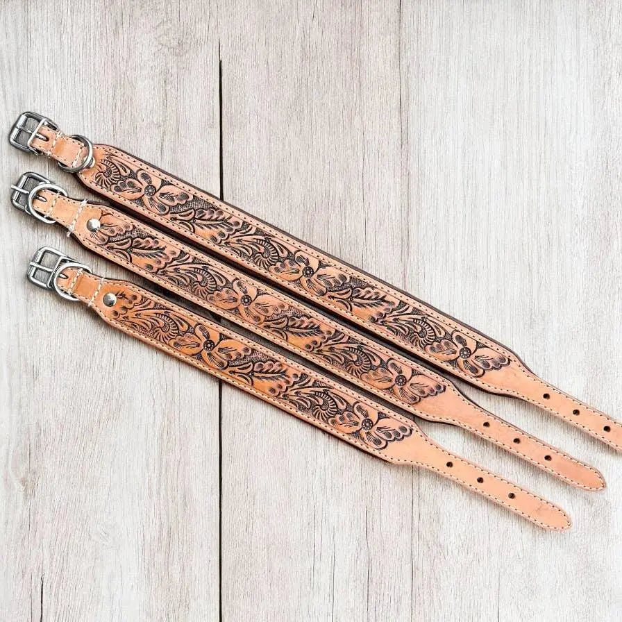 Tan hand tooled Dog collar