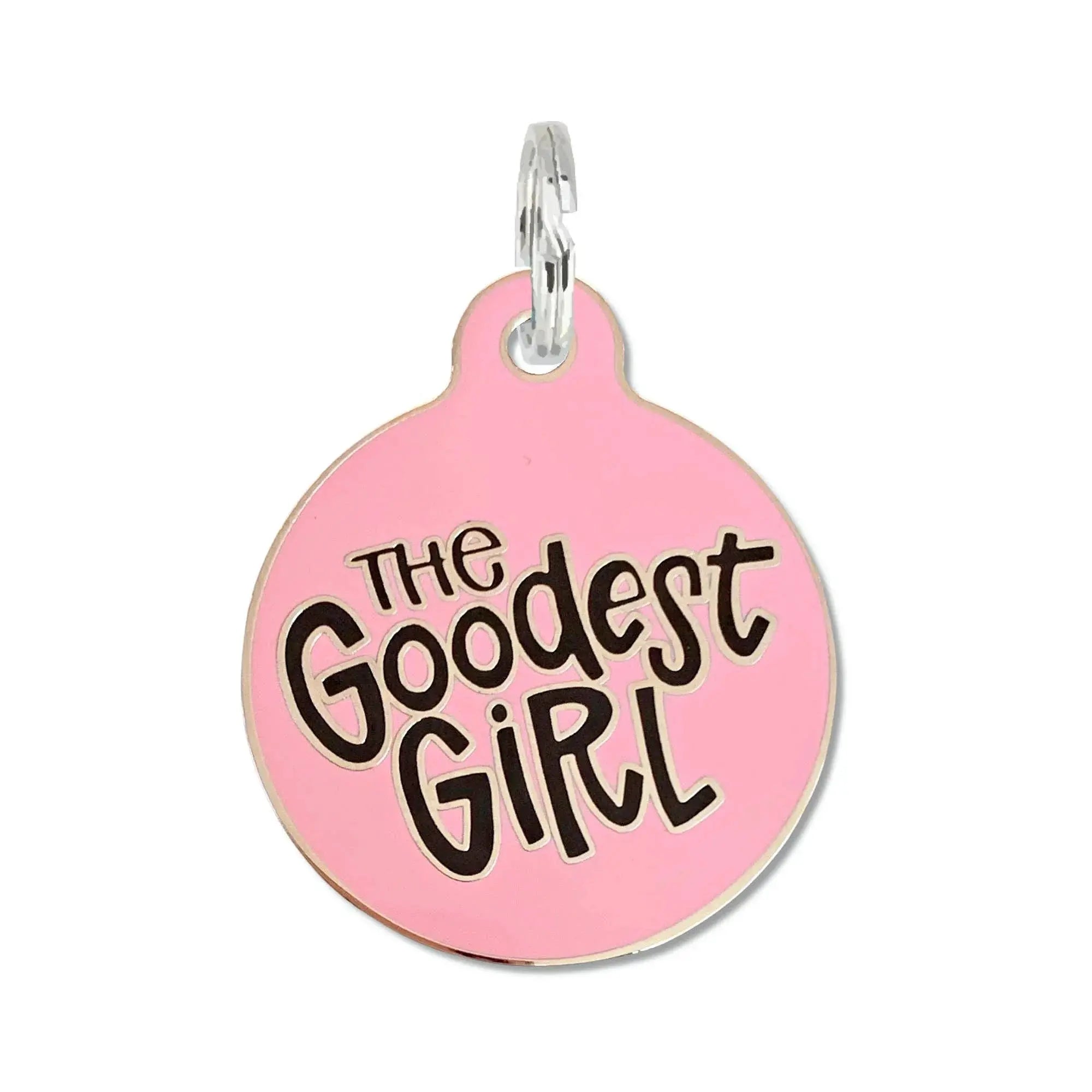 The Goodest Girl - Dog Tag Collar Charm or Pet ID Tag Pink Engraved QR Code Small 1" Dog