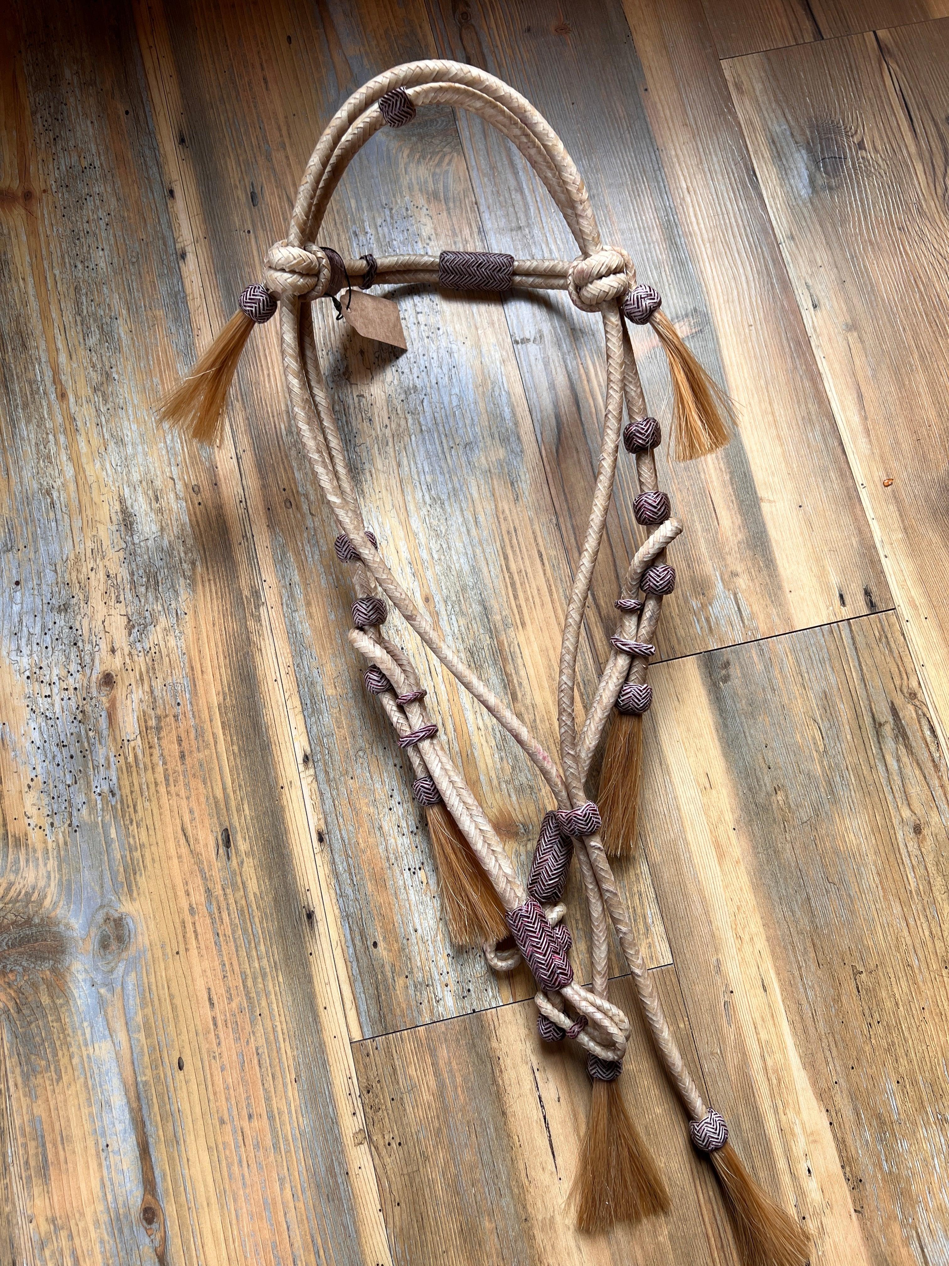 Rawhide Broadband Headstall beige braided rope halter with brown accents