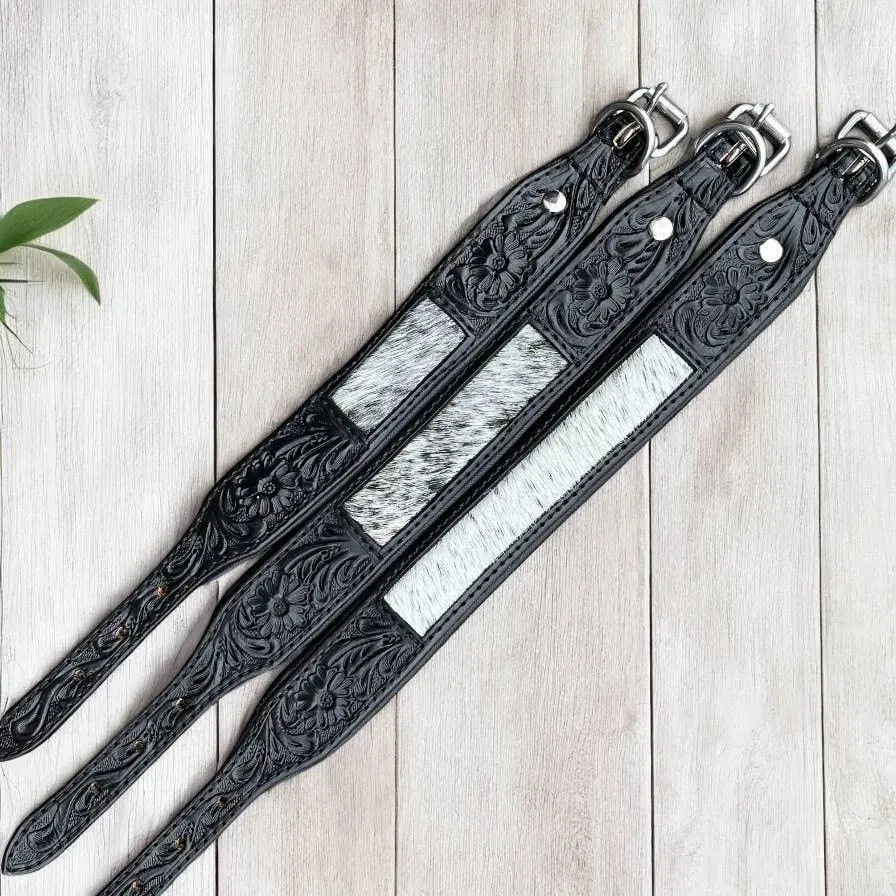 Black cowhide & tooled dog collar