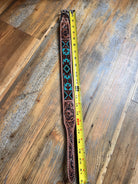 Turquoise and red Aztec tooled leather dog collar