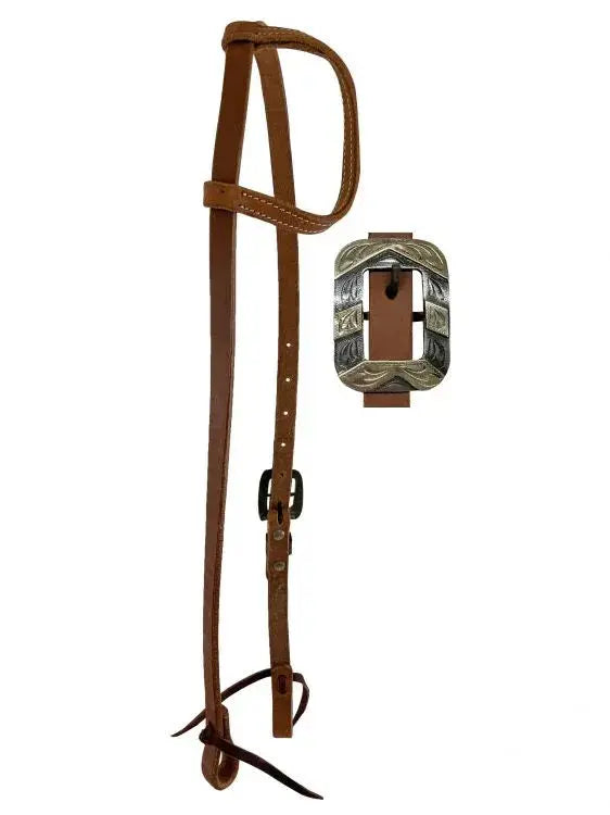 Argentina Cow Leather One Ear Headstall with Silver Engraved Overlayed Buckle Horse
