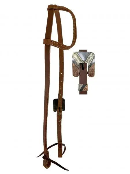 Argentina Cow Leather One Ear Headstall with Silver and Copper Engraved Overlayed Buckle Horse