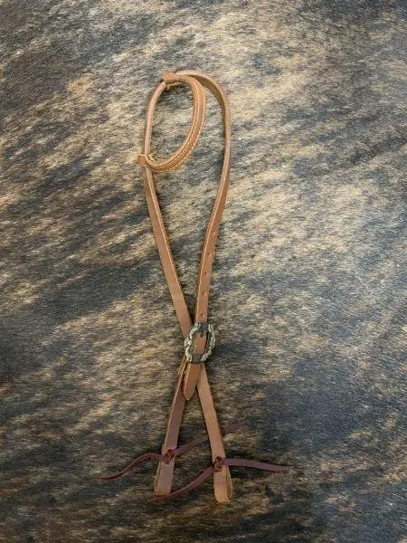 Argentina Cow Leather One Ear Headstall with Silver and Copper Engraved Overlayed Buckle Horse