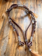 Handcrafted Headstall, Chestnut Rawhide and Black Knotted Headstall, 16 Plaits Headstall, Mane Horse Hair Tassels Headstall.