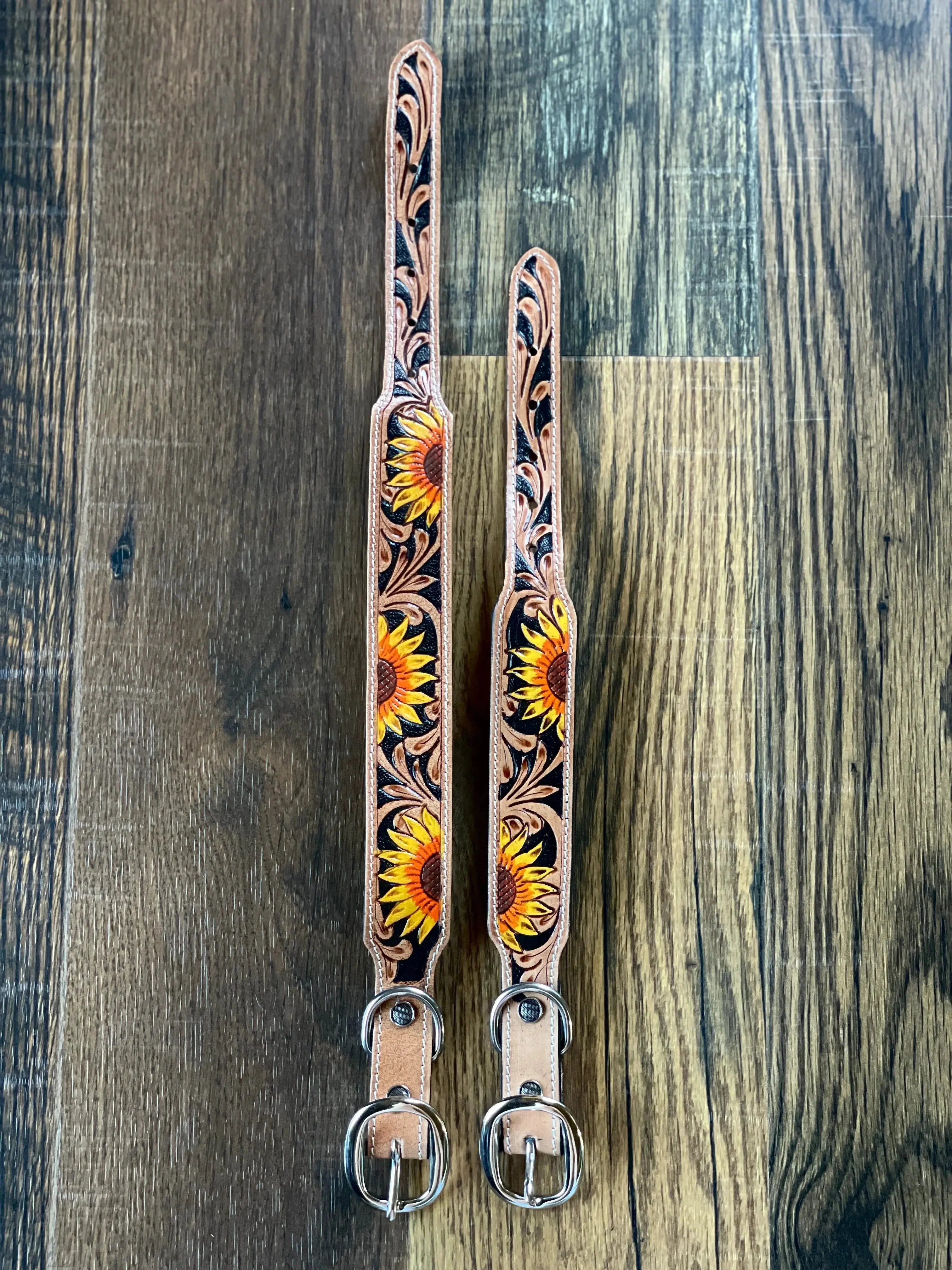 YELLOW SUNFLOWER HAND-TOOLED PADDED LEATHER DOG COLLAR Dog