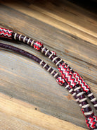 Red white zigzag leather romal reins dark cherry California style 55 inch