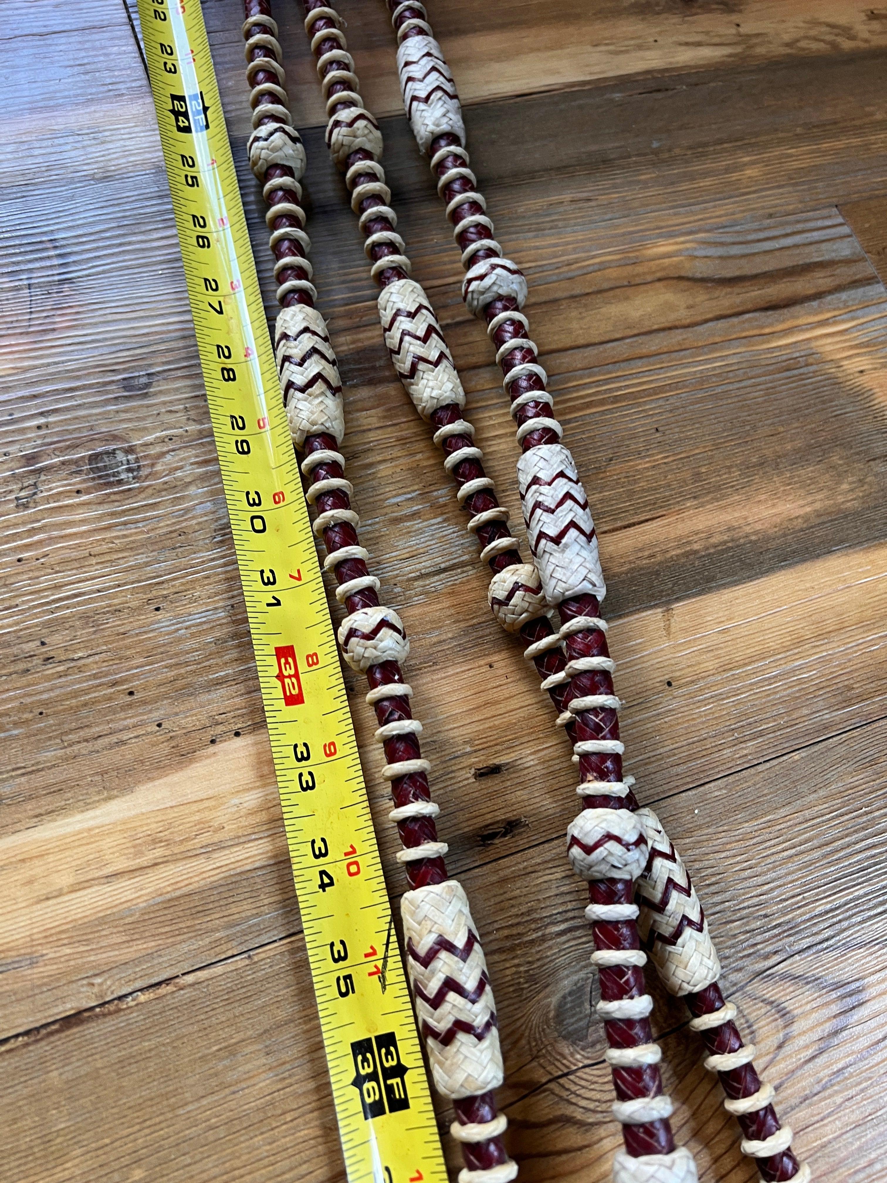 Handwoven maroon cream beaded zigzag rope for 20 plaits romal reins