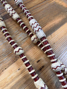 Red cream woven leather Romal reins with zigzag beads 20 plaits California style
