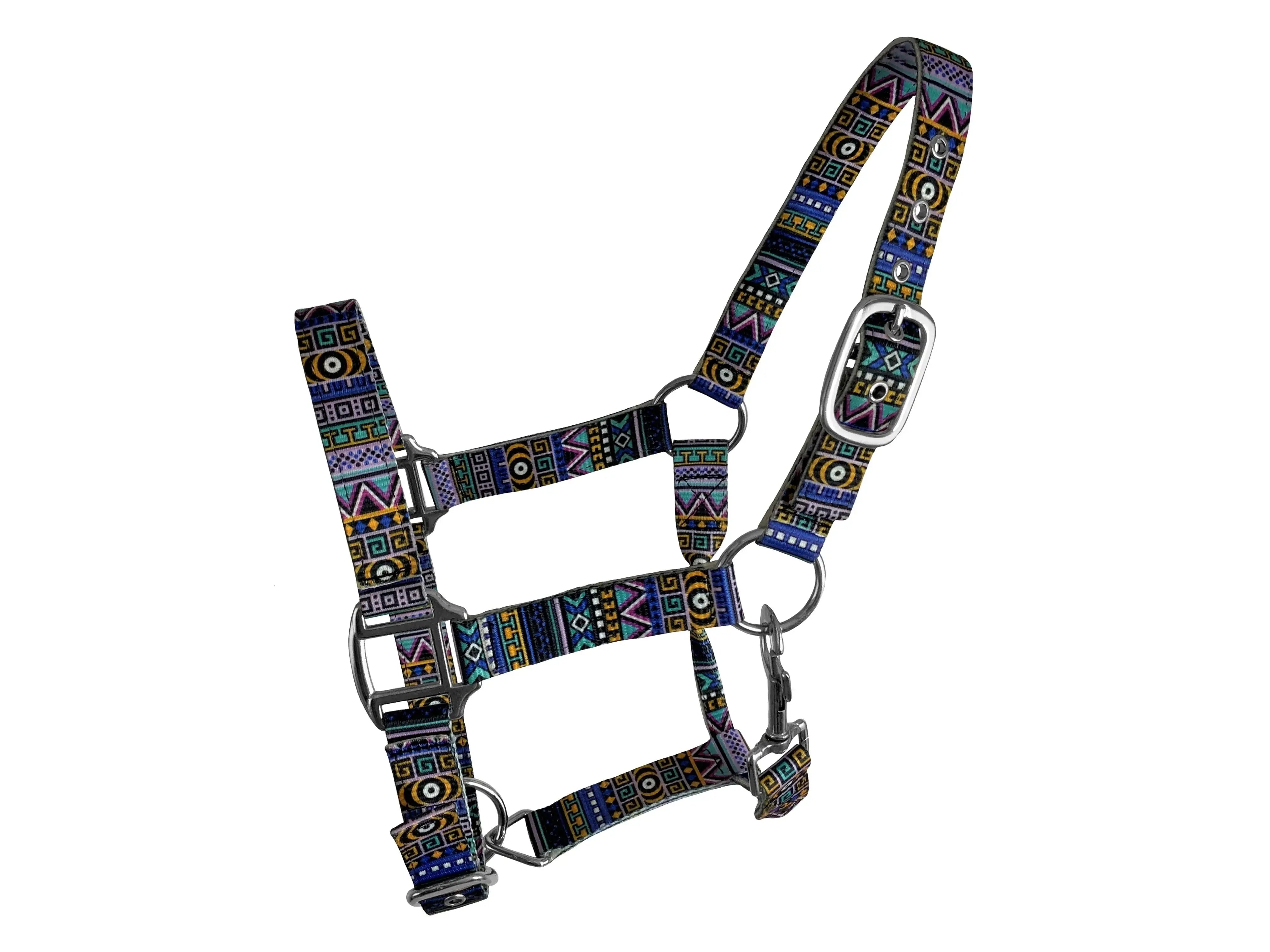 Premium nylon adjustable pony halter - Blue Aztec print Horse