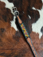 Handcrafted Padded Leather Tooled Sunny Dog Collar Sunflower with Teal Stitching Dog