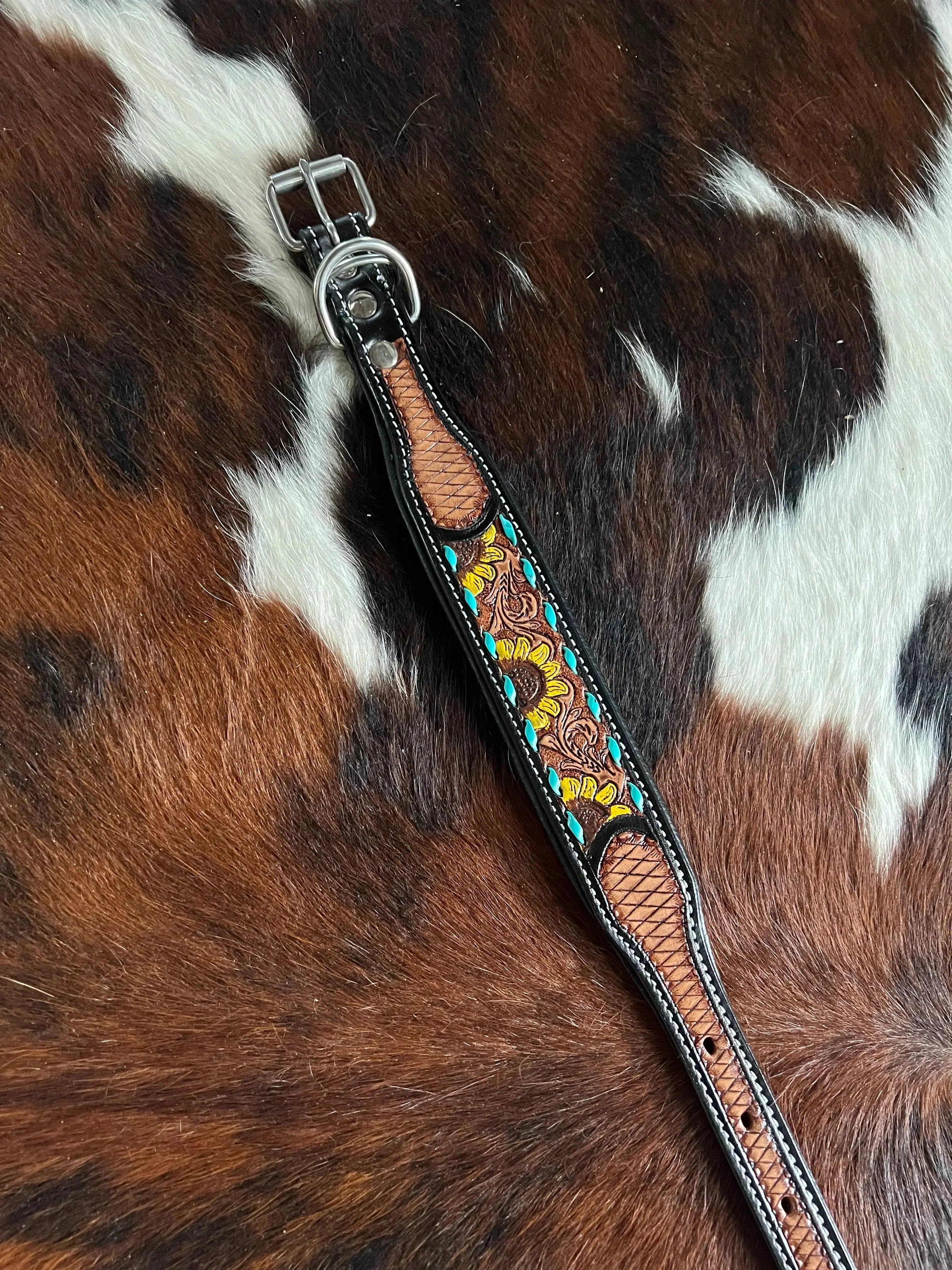 Handcrafted Padded Leather Tooled Sunny Dog Collar Sunflower with Teal Stitching Dog