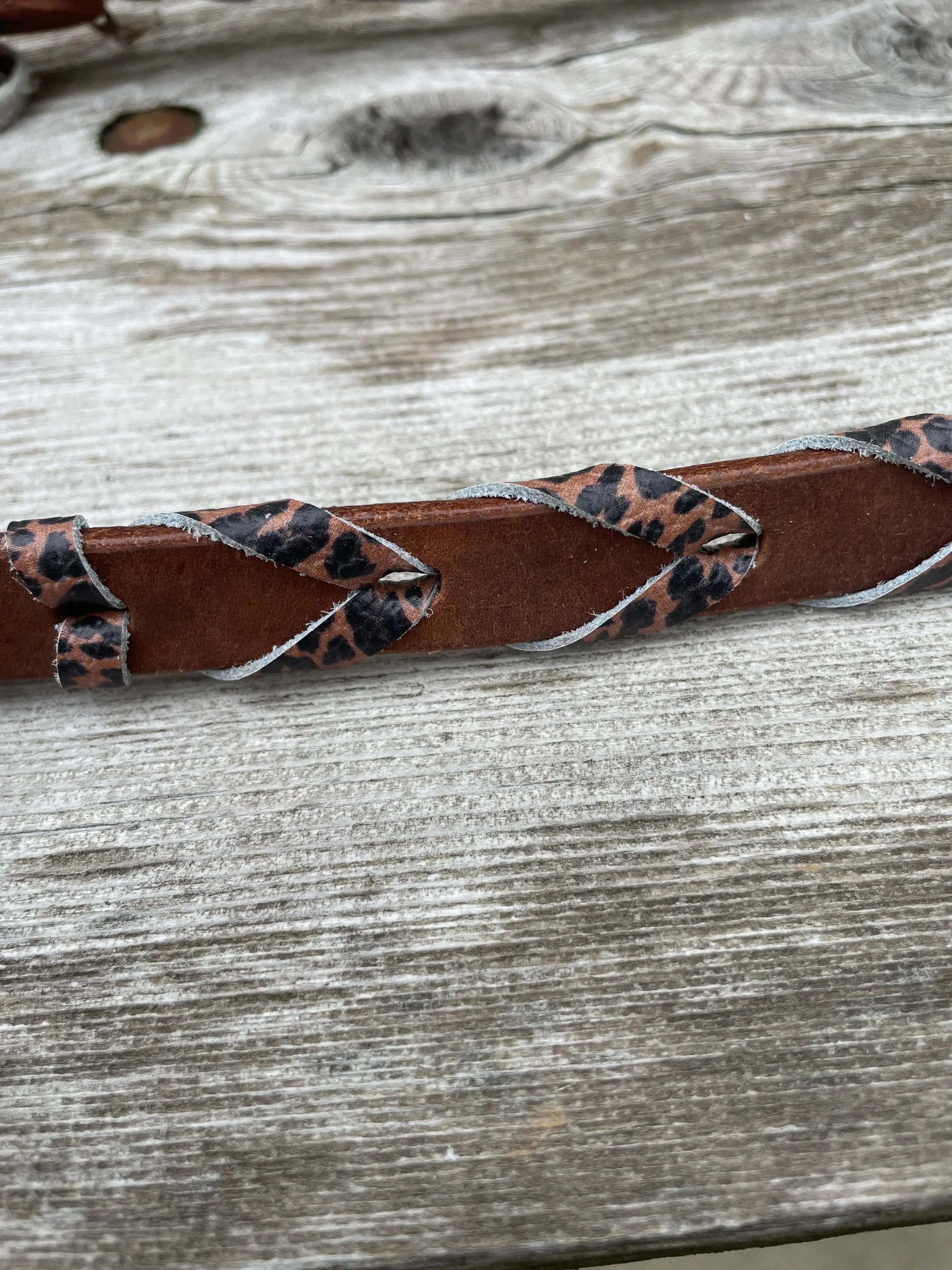 Brown leather braided Argentina cow harness headstall with cheetah print