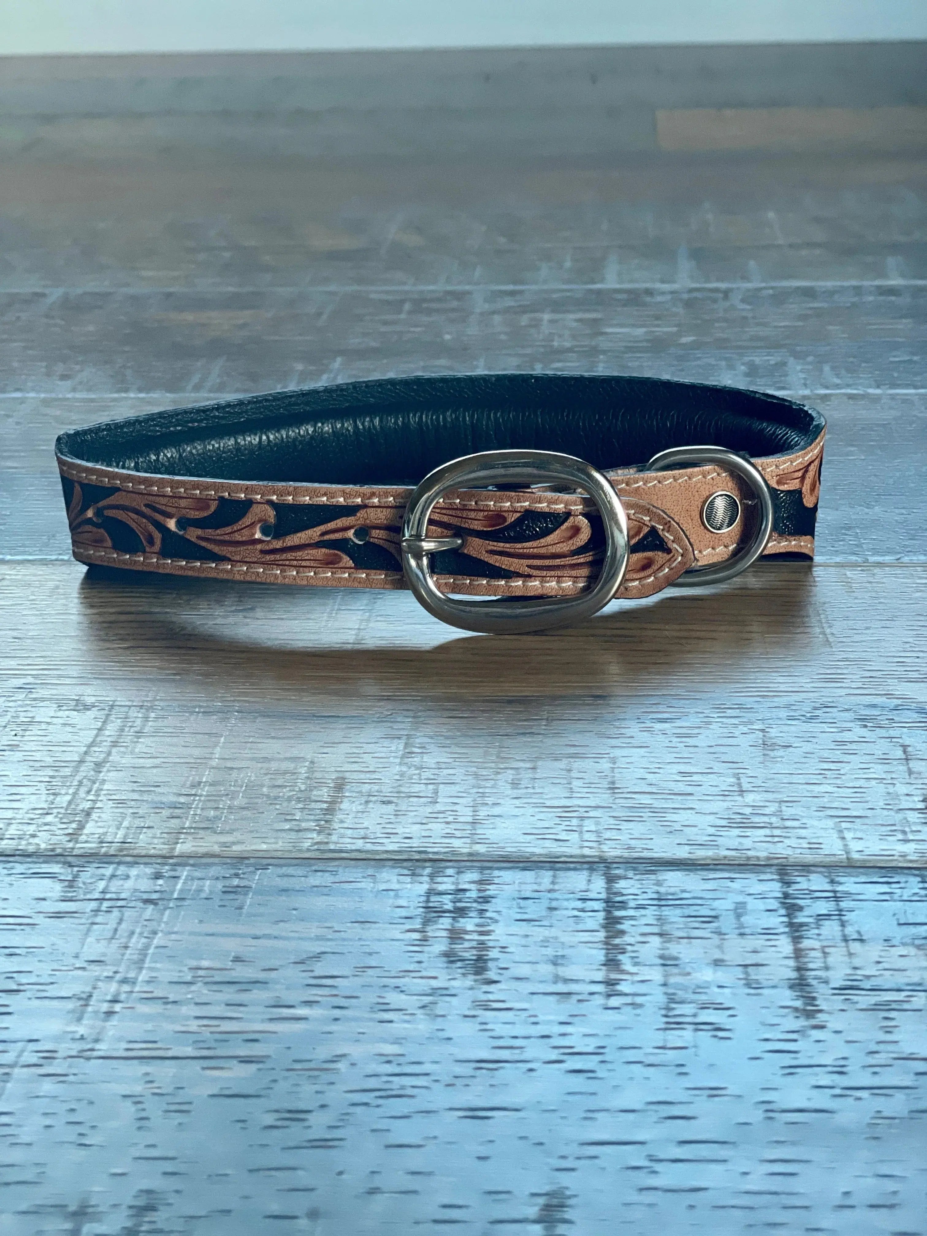 YELLOW SUNFLOWER HAND-TOOLED PADDED LEATHER DOG COLLAR Dog