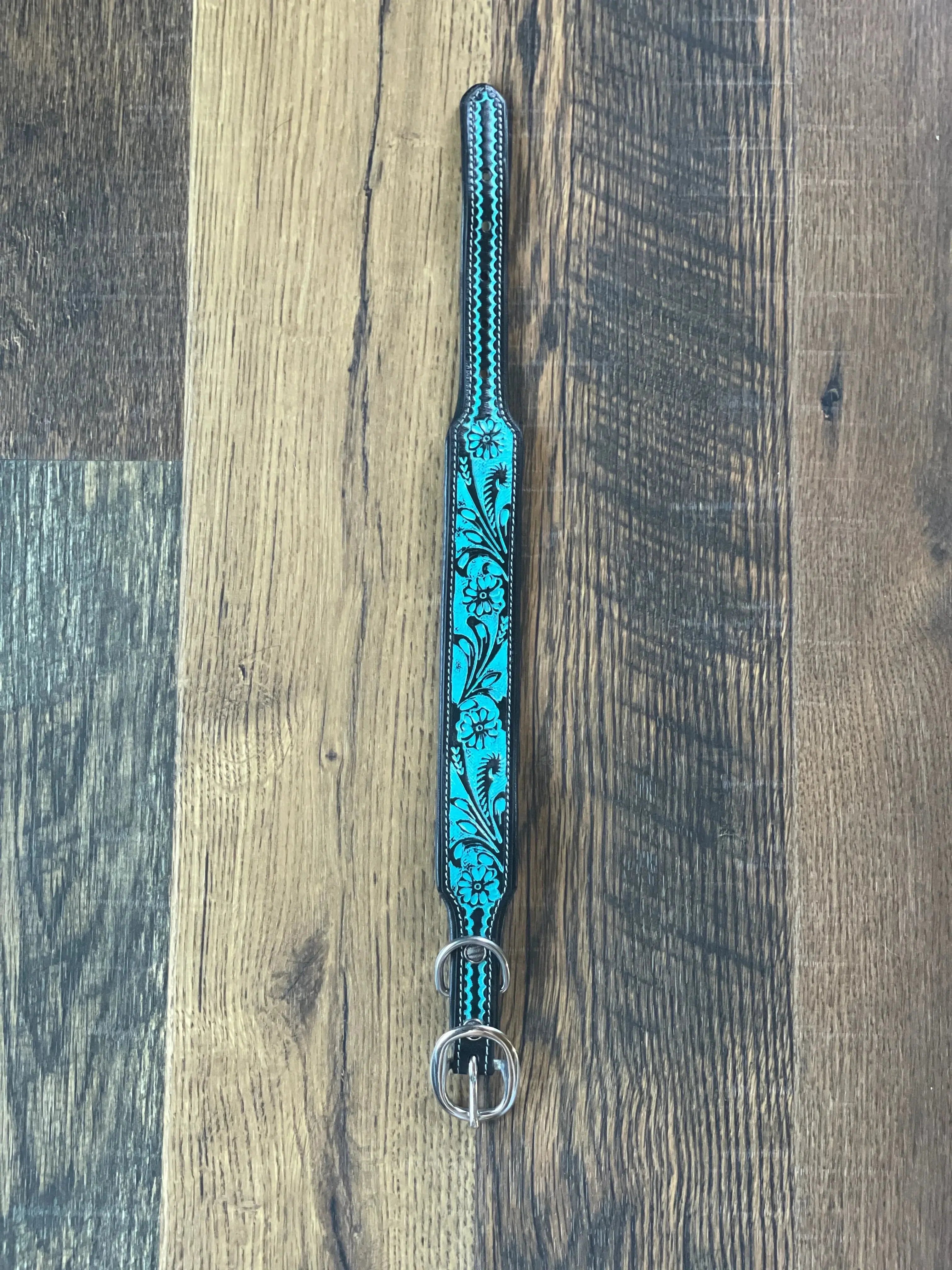 TEAL DAISY HAND-TOOLED PADDED LEATHER DOG COLLAR Dog