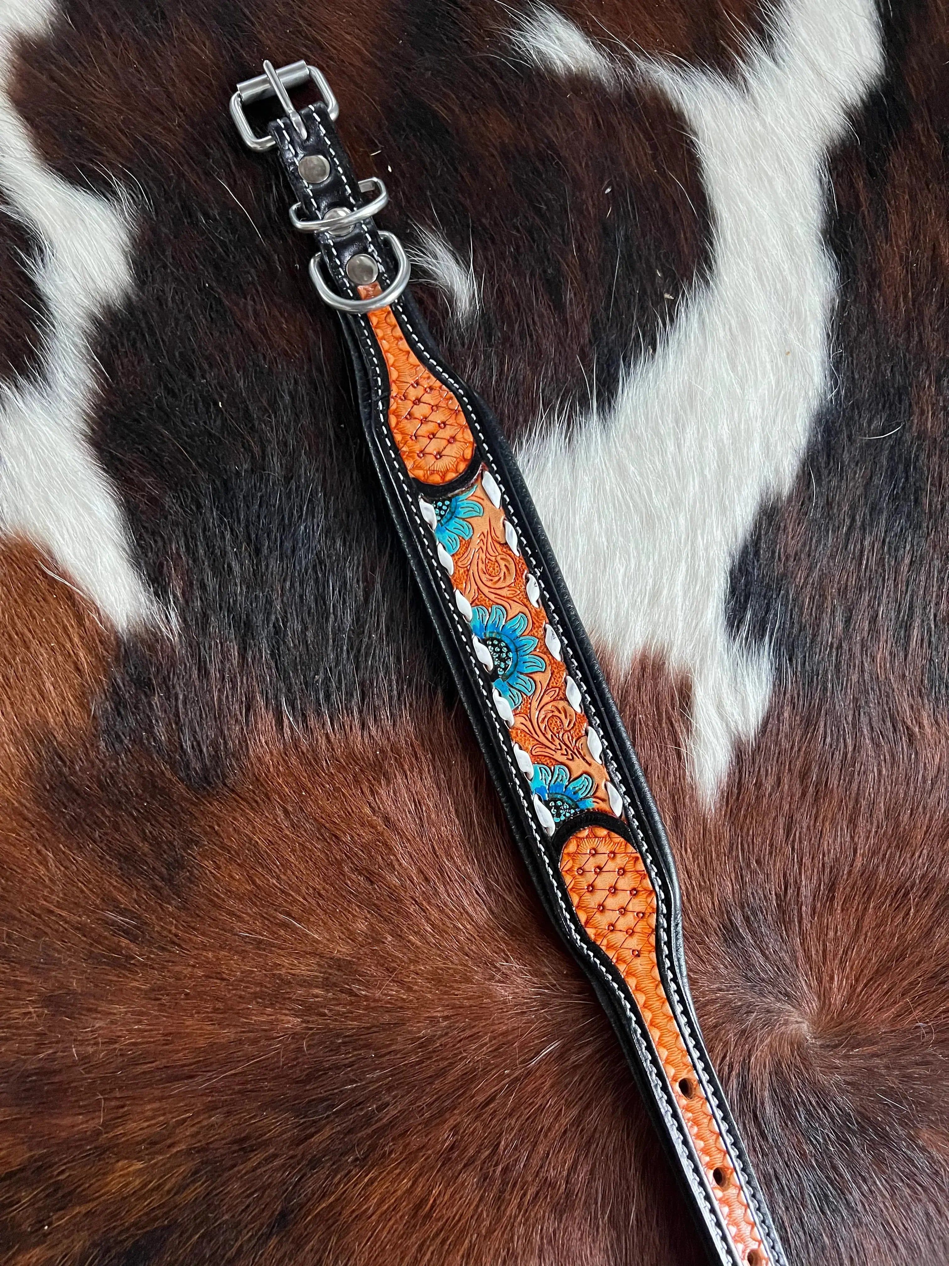 Handcrafted Padded Leather Tooled Dog Collar Blue Sunflower Dog